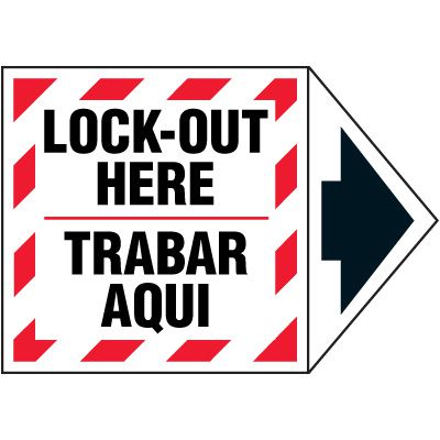 Bilingual 2-Part Arrow Labels - Lock-Out Here/Trabar Aqui