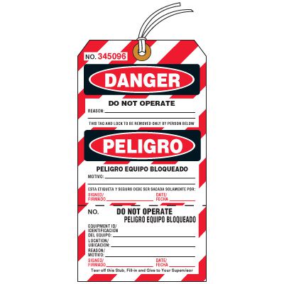 Two-Part Bilingual Lockout Tagout Tags - Danger Do Not Operate