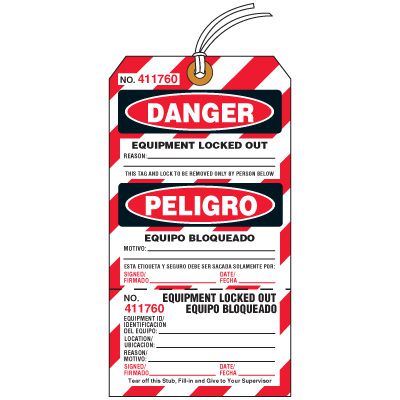Two-Part Bilingual Lockout Tagout Tags - Danger Equipment Locked Out