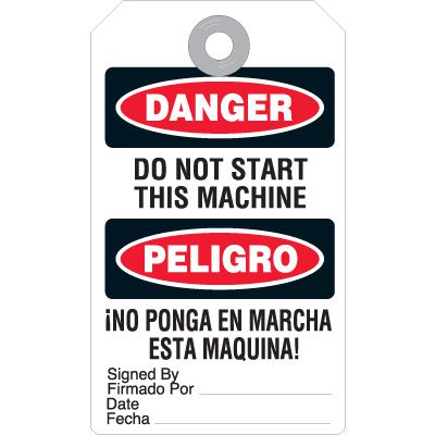 Accident Prevention Tag - Bilingual Danger Do Not Start This Machine
