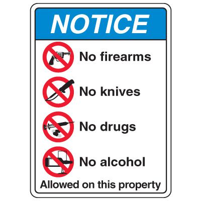 ANSI Format Multi-Message Hazard Sign - Notice No Firearms