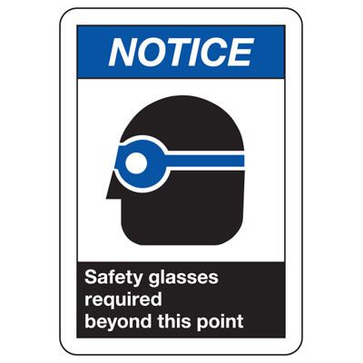 Notice Safety Glasses Required Beyond Point ANSI Z535 Sign