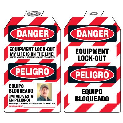 Bilingual Self-Laminating Photo Padlock Tags - Danger Equipment Lock-Out
