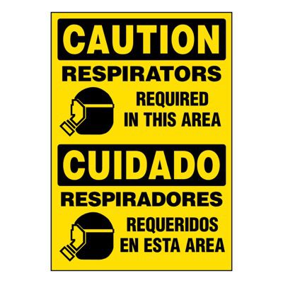 Bilingual Super-Stik Signs - Caution Respirators