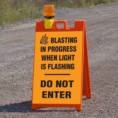 Blasting Barricade Sign Stands - Blasting In Progress When Light Is Flashing
