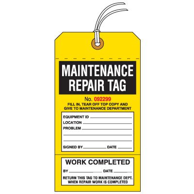Carbonless Copy Tags - Maintenance Repair Tag