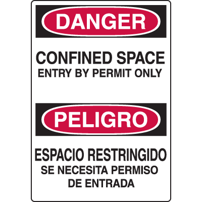 Bilingual Confined Space Labels - Danger Confined Space Entry By Permit Only