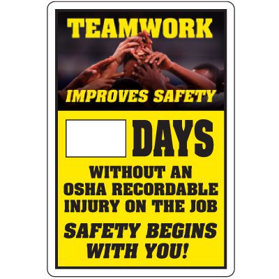 Dry Erase Safety Tracker Signs - Teamwork Improves Safety
