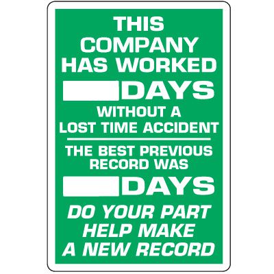 Dry Erase Safety Tracker Signs -  Lost Time Accident Scoreboard