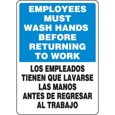 Bilingual, Eco-Friendly Employees Must Wash Hands Before Returning to Work Sign
