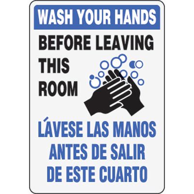 Eco-Friendly Signs - Wash Your Hands Before Leaving This Room Bilingual