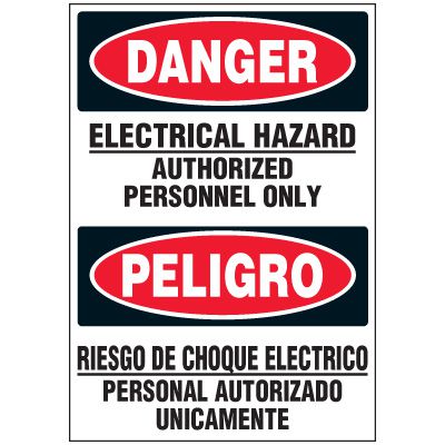 Bilingual Voltage Warning Labels - Danger Electrical Hazard