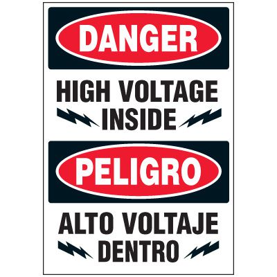Bilingual Voltage Warning Labels - Danger High Voltage Inside