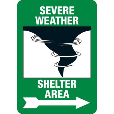 Severe Weather Shelter Area (Right Arrow) Green Safety Sign