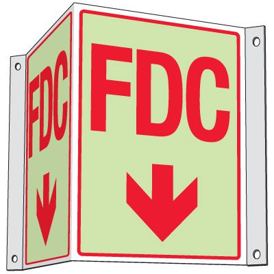 Glow In The Dark Fire Department Connection Projecting Sign: FDC (With Down Arrow)