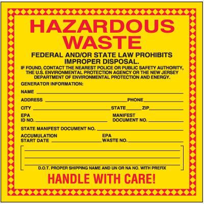 Hazardous Waste Labels - New Jersey Standards