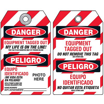 EZ Bilingual Photo Lockout Tags - Equipment Tagged Out