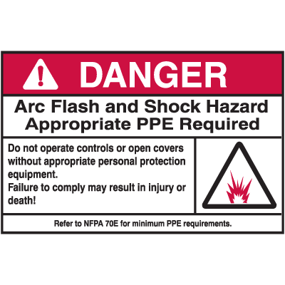 Danger Arc Flash & Shock Hazard PPE Required NEC Labels