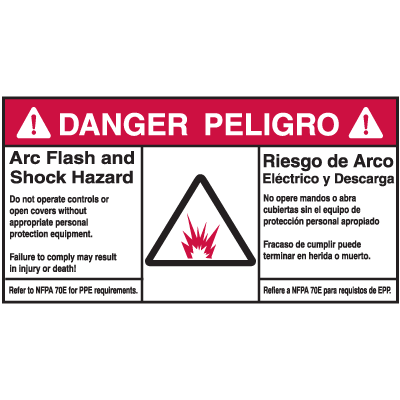 Bilingual NEC Arc Flash Protection Labels - Arc Flash & Shock Hazard Danger