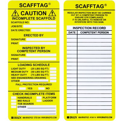 Scafftag® Caution Incomplete Scaffold Safety Insert Tags