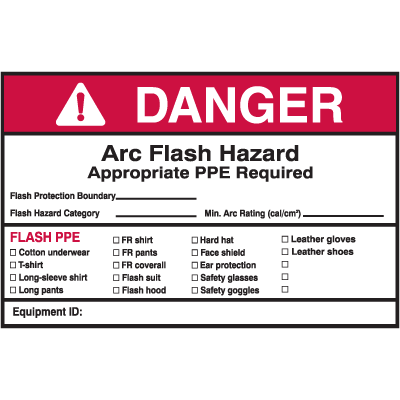 Self Laminating Arc Flash Labels- DANGER Arc Flash Hazard Appropriate PPE Required