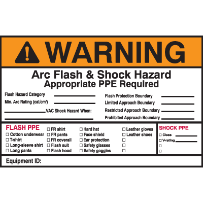 Self Laminating Arc Flash Labels- WARNING Arc Flash and Shock Hazard Appropriate PPE Required
