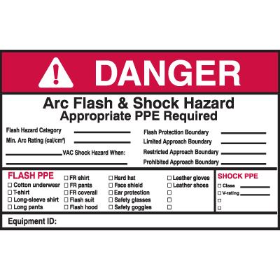 Self Laminating Arc Flash Labels- DANGER Arc Flash and Shock Hazard Appropriate PPE Required
