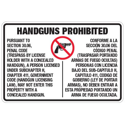 Bilingual Handguns Prohibited Sign - 30.06 Texas Penal Code