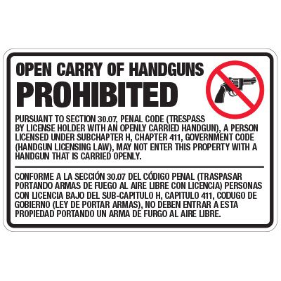 Bilingual Handguns Prohibited Sign - 30.07 Texas Penal Code