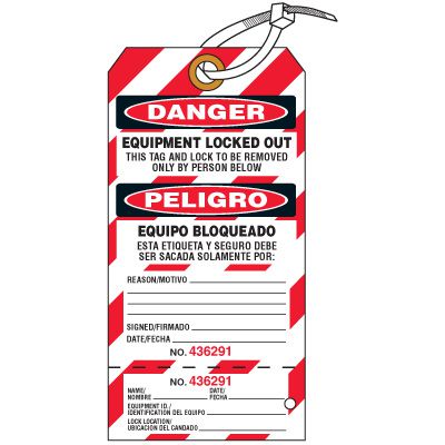 Two-Part Bilingual Lockout Tagout Key Tags - Danger Equipment Locked Out