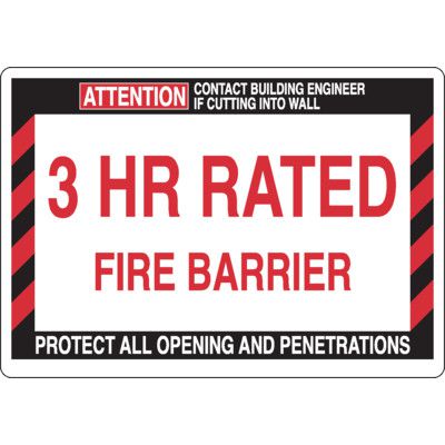 3 Hour Rated Fire Barrier - Fire Wall Warning Signs