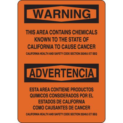 Bilingual California Prop 65 Signs - Area Contains Chemicals