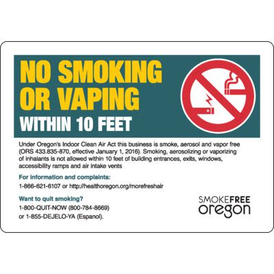 Oregon Smoke-Free Workplace Law Signs - No Smoking Or Vaping