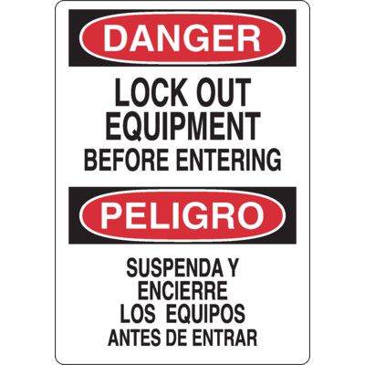 Bilingual Lockout Signs - Danger Lockout Equipment Before Entering