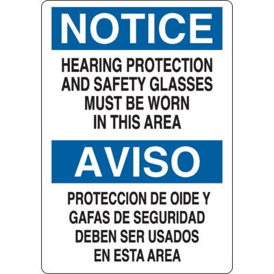Bilingual Notice Signs - Hearing Protection and Safety Glasses Must Be Worn