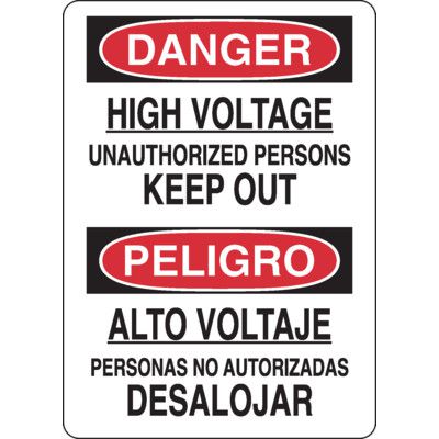 Electrical Safety Signs - Bilingual Danger High Voltage Unauthorized Persons Keep Out