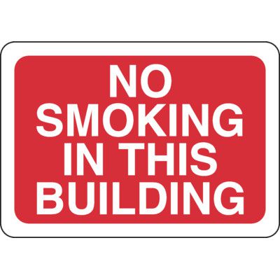No Smoking In This Building Sign - White on Red
