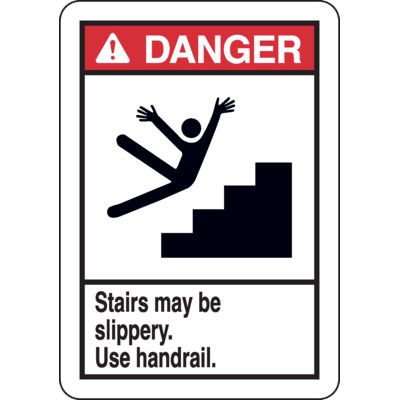 Danger Signs - Stairs May Be Slippery Use Handrail