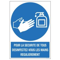Panneau avec texte désinfection des mains au gel hydroalcoolique