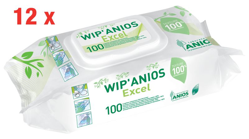 12 paquets 100 lingettes désinfectantes Wip'Anios Excel