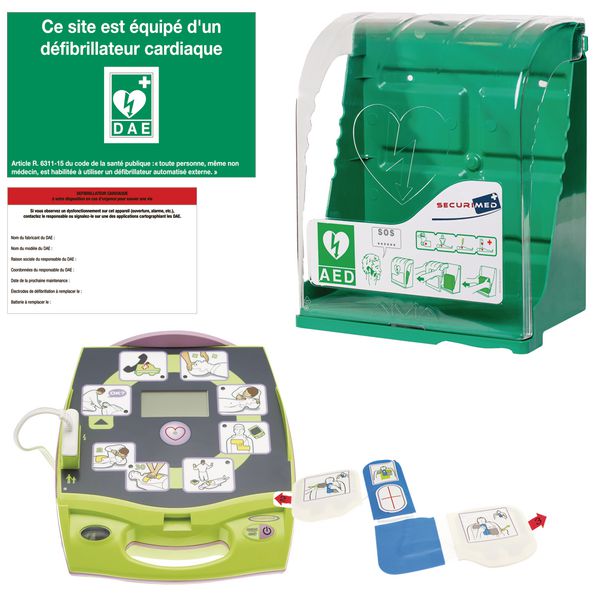 Pack DEA/DSA Zoll AED Plus® + housse et kit de rasage + armoire + panneau DAE + étiquette de maintenance