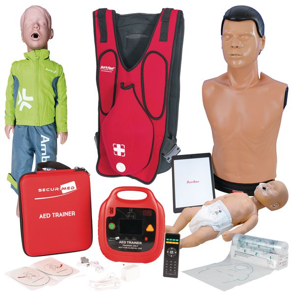 Pack mannequins Ambu avec défibrillateur de formation AED Securimed et veste de formation Heimlich adulte
