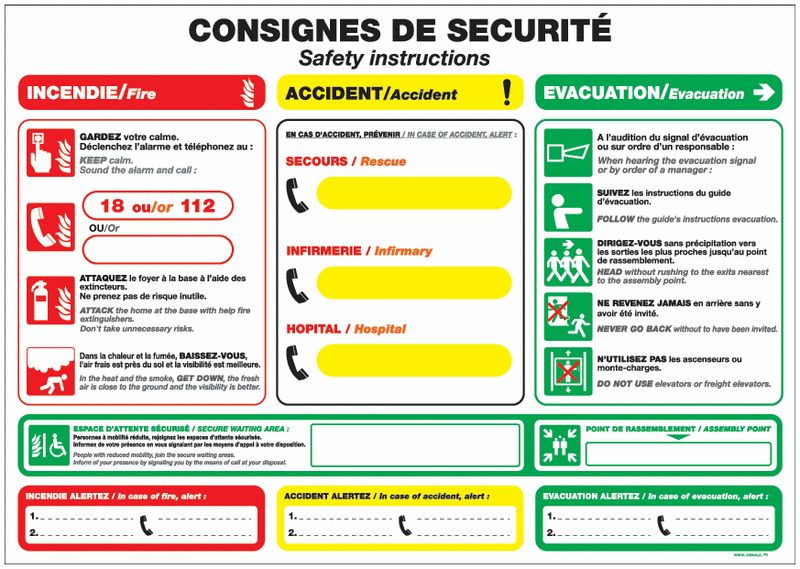 Consignes de sécurité bilingue français et anglais