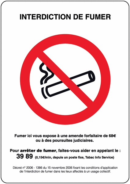 Panneau affichage obligatoire Interdiction de fumer