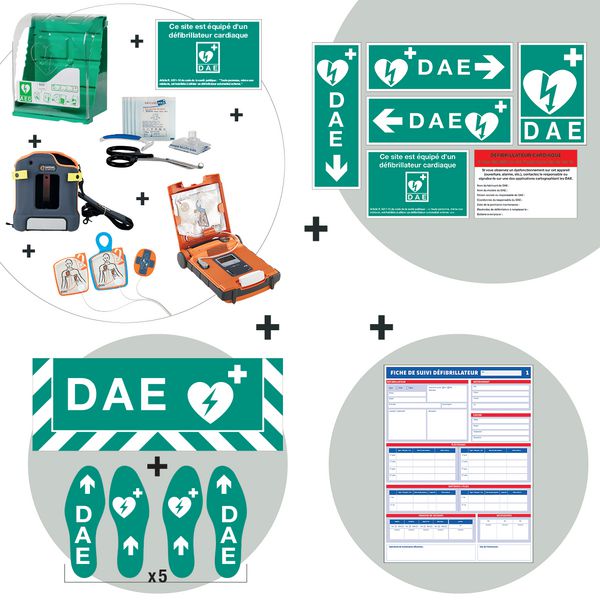 Kit complet défibrillateur, marquage au sol et panneaux