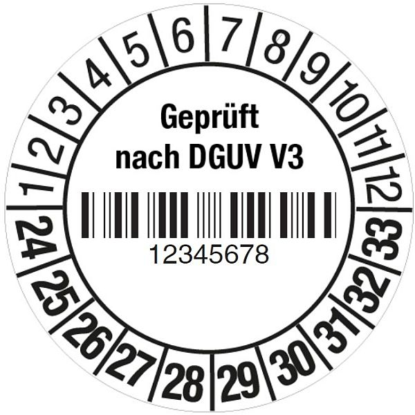 Prüfplaketten mit Barcode - "Geprüft nach DGUV V3" mit Nummerierung nach Wunsch, auf Rolle