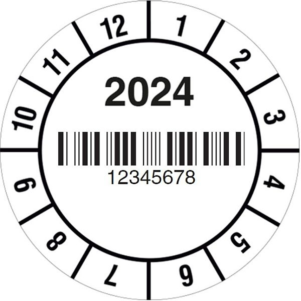 Prüfplaketten mit Barcode - "Jahreszahl" mit Nummerierung nach Wunsch, auf Rolle