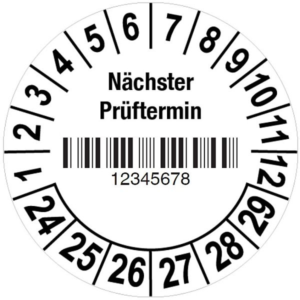 Prüfplaketten mit Barcode - "Nächster Prüftermin" mit Nummerierung nach Wunsch, auf Rolle