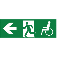 Notausgang-Richtungspfeil links mit Rollstuhl-Symbol - Mehrsymbol-Rettungszeichen barrierefrei, EN ISO 7010