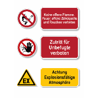 Keine Flamme/Zutritt verboten/Expl. Atmosphäre - Mehrsymbolschilder, EN ISO 7010